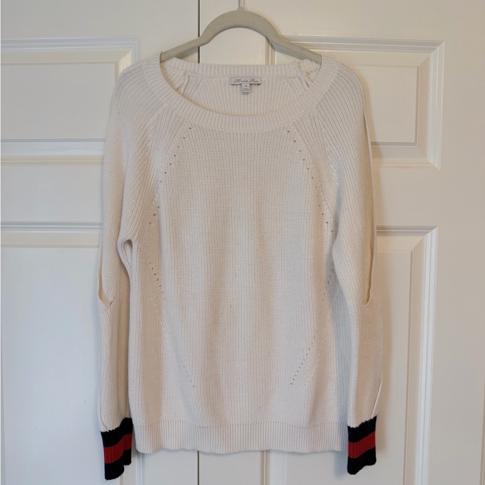 Minnie Rose Cream Crewneck Sweater with Blue  and Red Stripe Cuffs size M